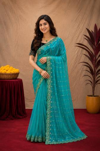 Rama  soft net sequence emboidery saree with unstitched blouse piece
