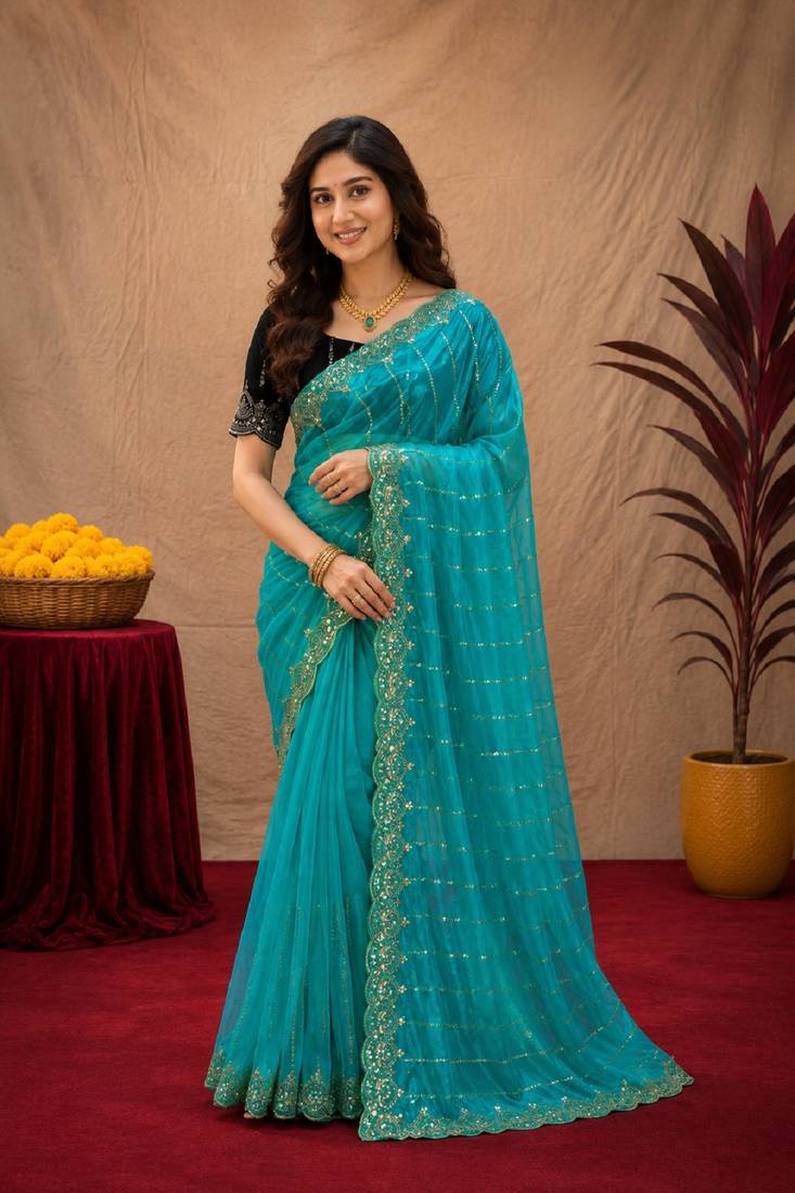 Rama  soft net sequence emboidery saree with unstitched blouse piece