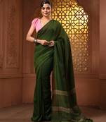 Green cotton soft saree with solid pattern