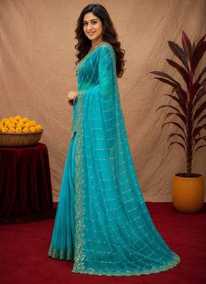 Rama  soft net sequence emboidery saree with unstitched blouse piece 2