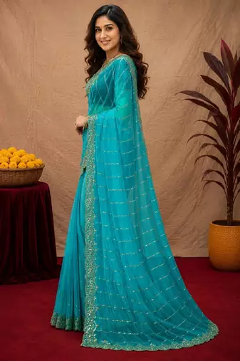 Rama  soft net sequence emboidery saree with unstitched blouse piece