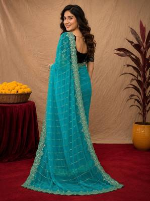 Rama  soft net sequence emboidery saree with unstitched blouse piece 3
