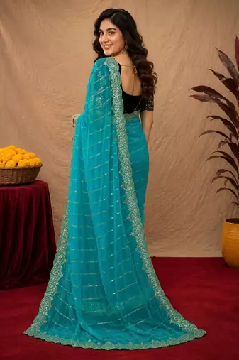 Rama  soft net sequence emboidery saree with unstitched blouse piece