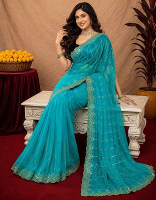 Rama  soft net sequence emboidery saree with unstitched blouse piece 4