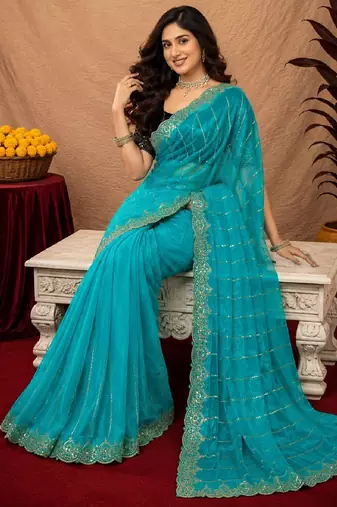 Rama  soft net sequence emboidery saree with unstitched blouse piece