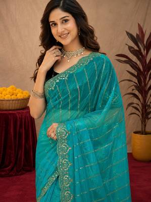 Rama  soft net sequence emboidery saree with unstitched blouse piece 5