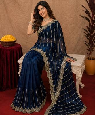 Blue  soft net sequence emboidery saree with unstitched blouse piece 1