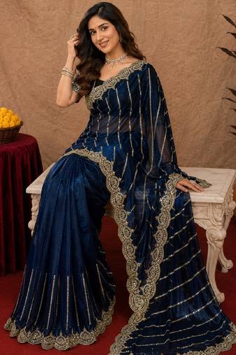 Blue  soft net sequence emboidery saree with unstitched blouse piece
