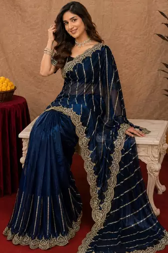 Blue  soft net sequence emboidery saree with unstitched blouse piece