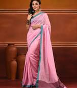 Pink cotton soft saree with solid pattern