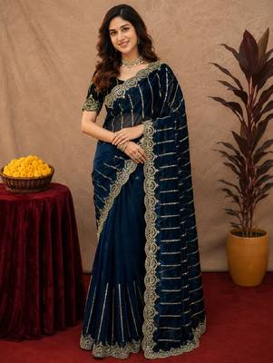 Blue  soft net sequence emboidery saree with unstitched blouse piece 2