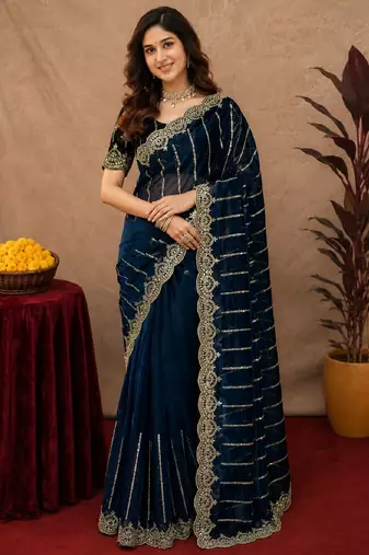 Blue  soft net sequence emboidery saree with unstitched blouse piece