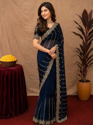 Blue  soft net sequence emboidery saree with unstitched blouse piece 3
