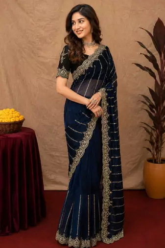 Blue  soft net sequence emboidery saree with unstitched blouse piece