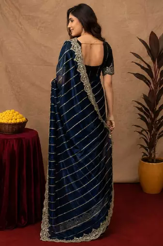 Blue  soft net sequence emboidery saree with unstitched blouse piece