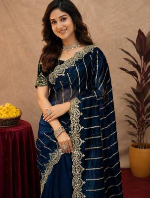 Blue  soft net sequence emboidery saree with unstitched blouse piece 5