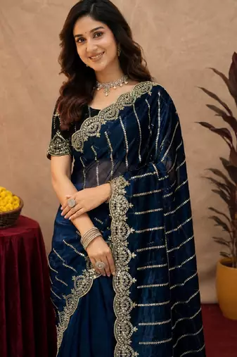 Blue  soft net sequence emboidery saree with unstitched blouse piece