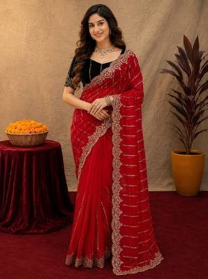 Red  soft net sequence emboidery saree with unstitched blouse piece 1