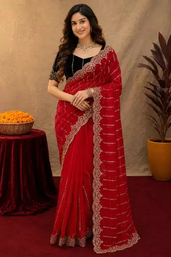 Red  soft net sequence emboidery saree with unstitched blouse piece
