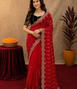 Red  soft net sequence emboidery saree with unstitched blouse piece