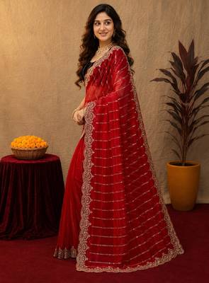 Red  soft net sequence emboidery saree with unstitched blouse piece 2