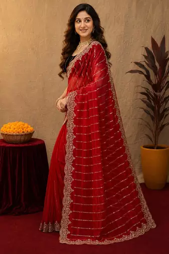 Red  soft net sequence emboidery saree with unstitched blouse piece