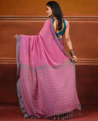 Pink cotton soft saree with solid pattern 2