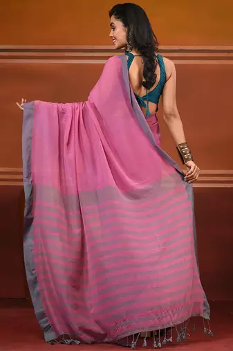 Pink cotton soft saree with solid pattern