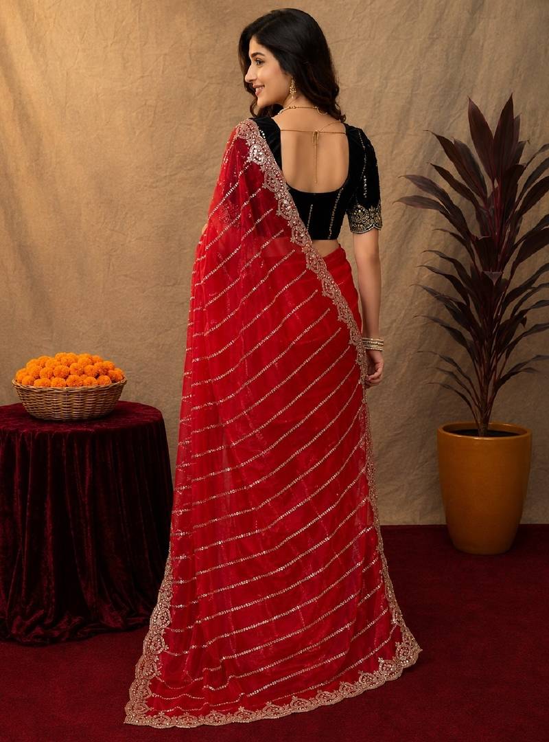 Red  soft net sequence emboidery saree with unstitched blouse piece