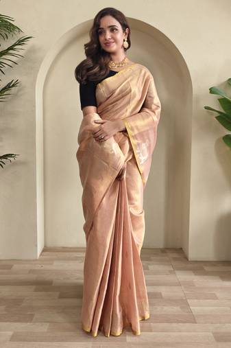light peach coloer Zari All Over Pichwai Pattern Tilak Butti Motifs tissue saree