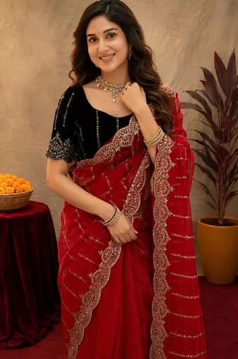 Red  soft net sequence emboidery saree with unstitched blouse piece