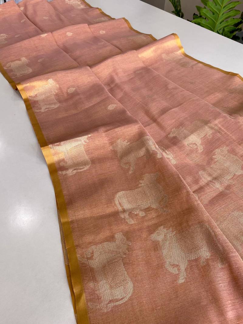light peach coloer Zari All Over Pichwai Pattern Tilak Butti Motifs tissue saree