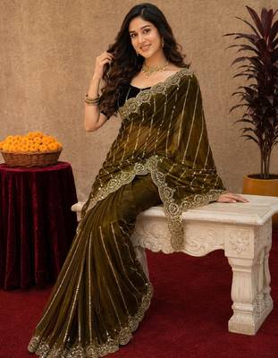 Olive  soft net sequence emboidery saree with unstitched blouse piece 1