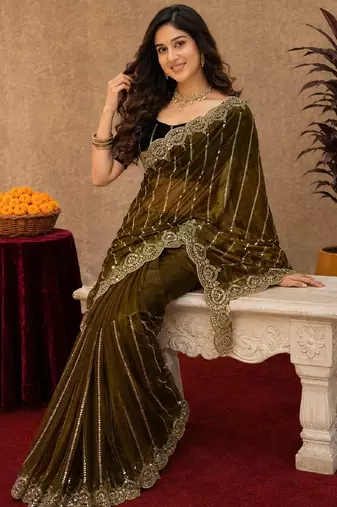 Olive  soft net sequence emboidery saree with unstitched blouse piece