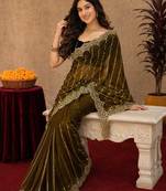 Olive  soft net sequence emboidery saree with unstitched blouse piece