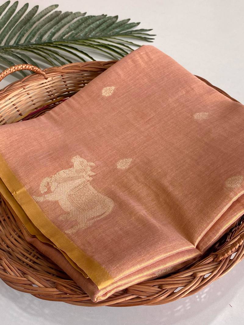 light peach coloer Zari All Over Pichwai Pattern Tilak Butti Motifs tissue saree