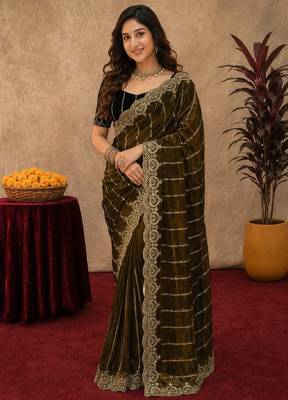 Olive  soft net sequence emboidery saree with unstitched blouse piece 2