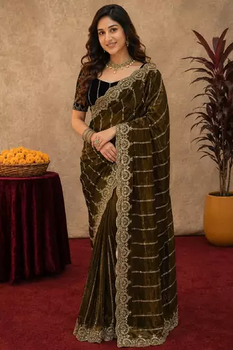 Olive  soft net sequence emboidery saree with unstitched blouse piece