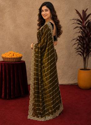 Olive  soft net sequence emboidery saree with unstitched blouse piece 3
