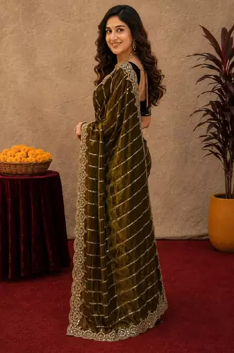 Olive  soft net sequence emboidery saree with unstitched blouse piece