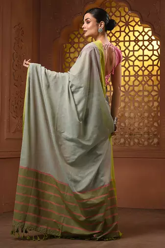 Ice blue cotton soft saree with solid pattern