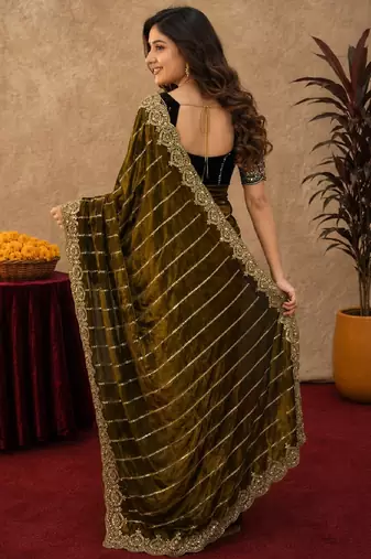 Olive  soft net sequence emboidery saree with unstitched blouse piece