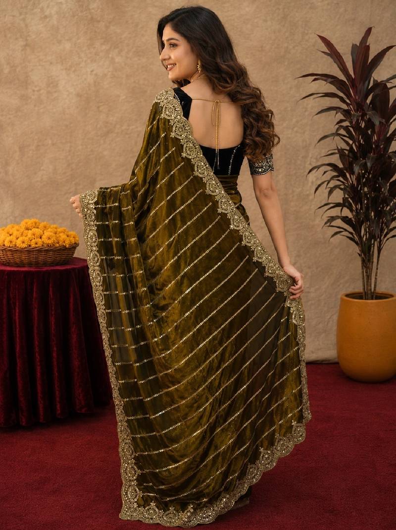 Olive  soft net sequence emboidery saree with unstitched blouse piece