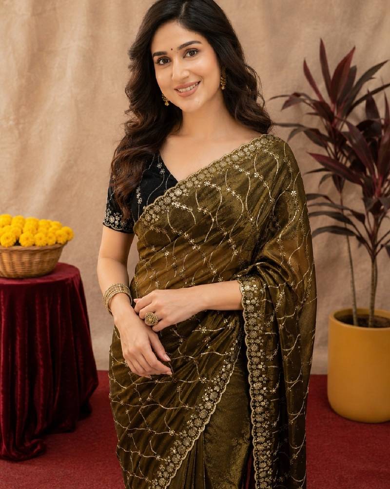 Olive  soft net sequence emboidery saree with unstitched blouse piece