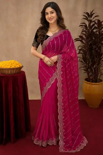 Rani pink  soft net sequence emboidery saree with unstitched blouse piece