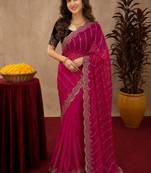 Rani pink  soft net sequence emboidery saree with unstitched blouse piece