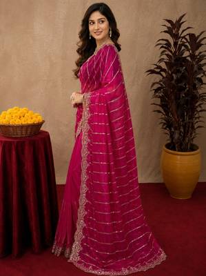 Rani pink  soft net sequence emboidery saree with unstitched blouse piece 2
