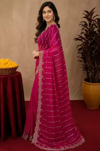 Rani pink  soft net sequence emboidery saree with unstitched blouse piece