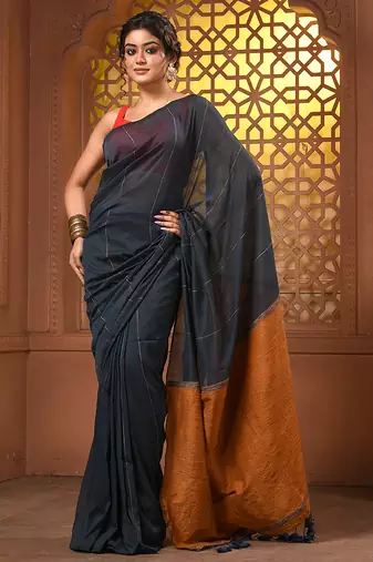 Aegean blue cotton soft saree with stripe pattern