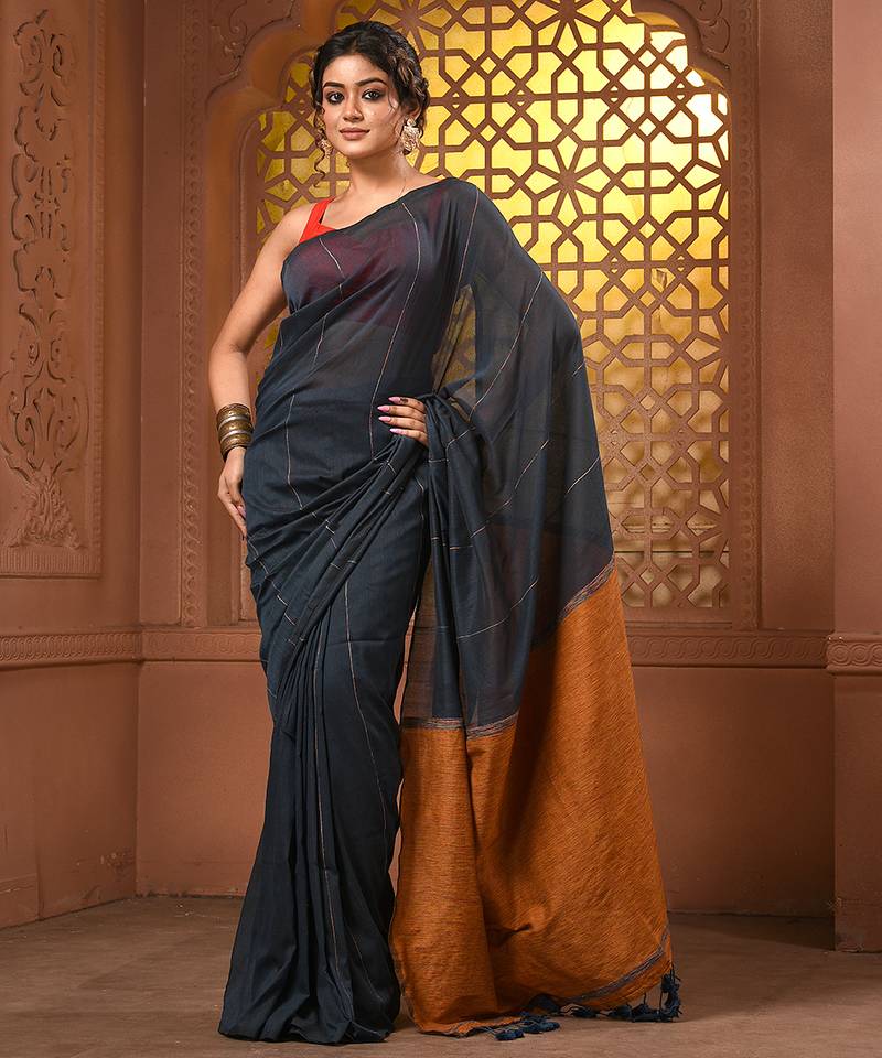 Aegean blue cotton soft saree with stripe pattern
